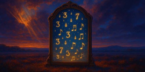 Surreal mirror reflecting glowing symbols of numbers, musical notes, and droplets against a twilight sky, symbolizing the psychic language of metaphor and signs.