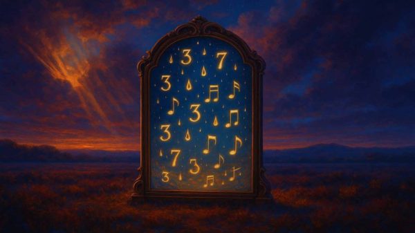 Surreal mirror reflecting glowing symbols of numbers, musical notes, and droplets against a twilight sky, symbolizing the psychic language of metaphor and signs.