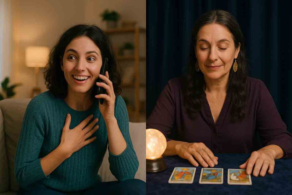 Psychic reads tarot cards for a sitter who is receiving good news.