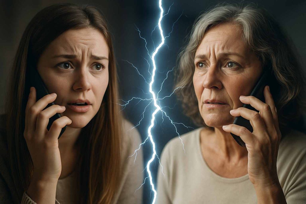 Photorealistic composite image of two women speaking on phones, with a lightning bolt crackling between them to symbolize a broken line and a possible afterlife voice breaking through.