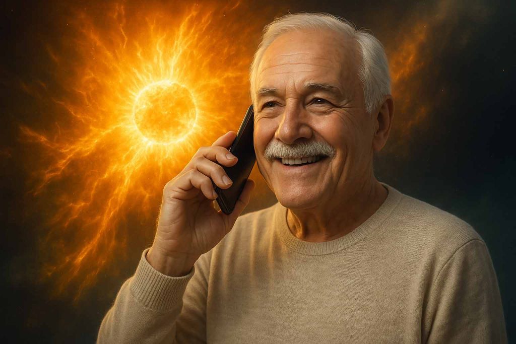 Image of an elderly man with white hair and a mustache holding a phone, with a radiant solar burst glowing behind him, symbolizing communication from the afterlife during solar storms."