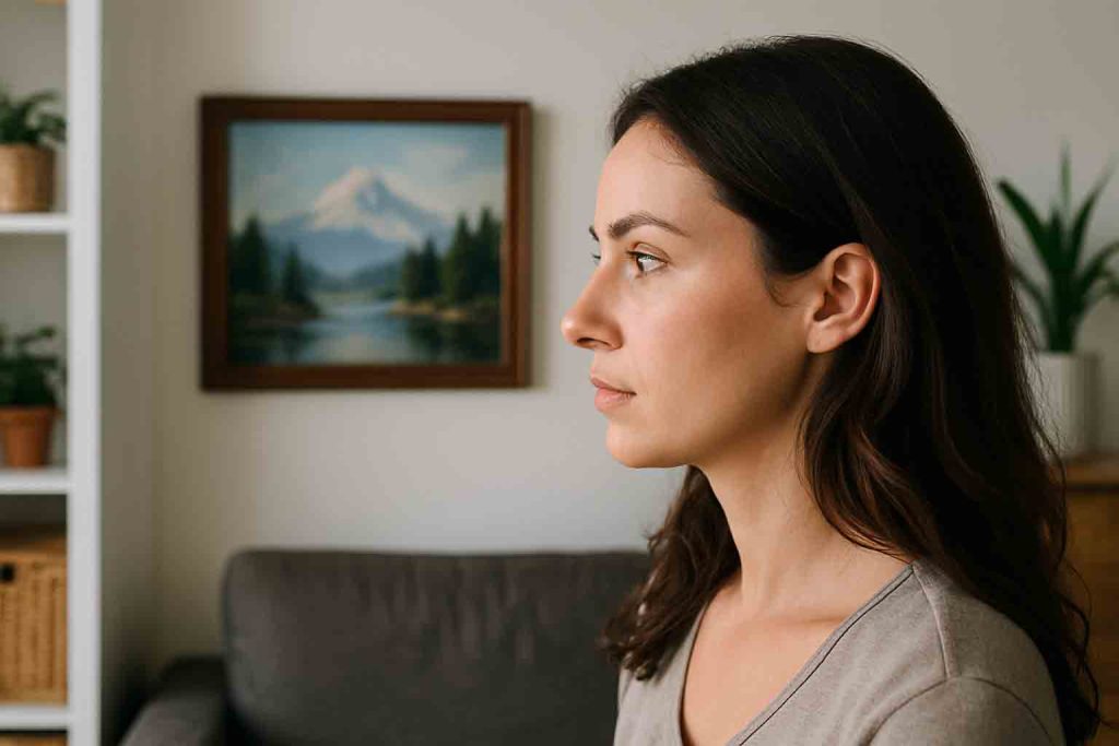 A woman gazing straight ahead with soft focus, while faint shapes and lights appear at the edges of her vision, representing peripheral vision training to strengthen clairvoyance and intuitive awareness.