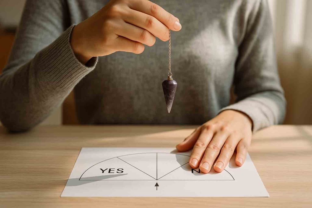 A close-up of a hand holding a pendulum over another person’s open palm, symbolizing pendulum dowsing as a tool for intuitive yes/no answers and psychic awareness training.