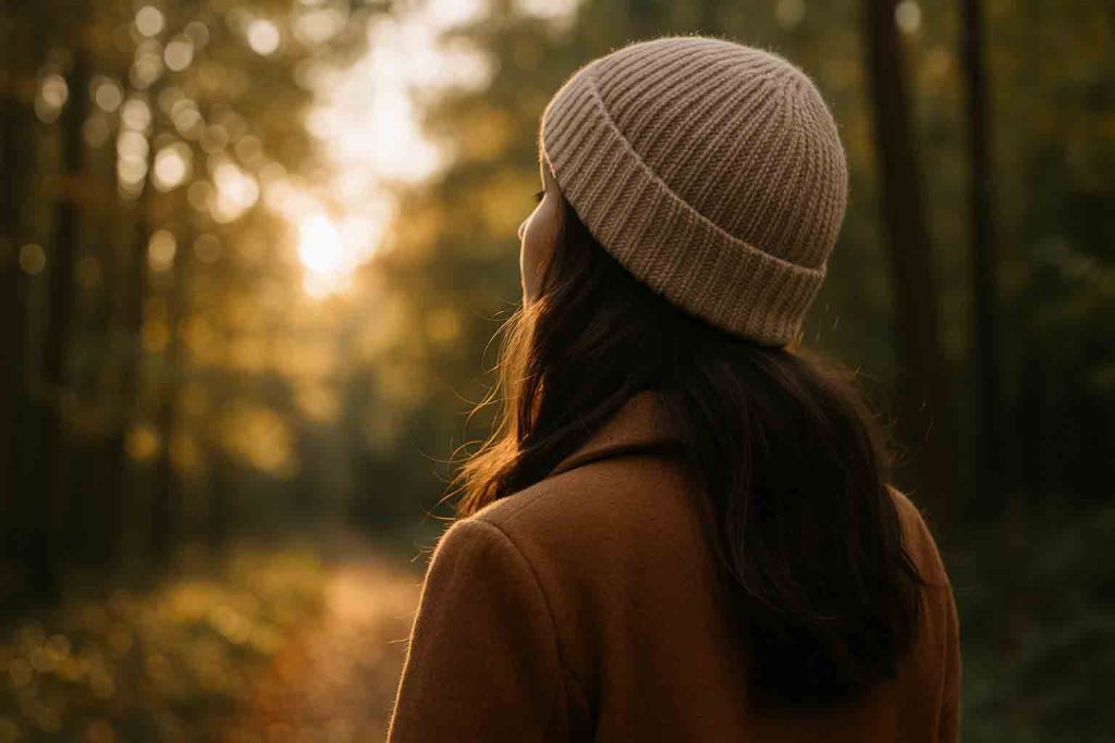 A woman standing in a meadow under the open sky with sunlight and subtle breeze, symbolizing tuning into nature’s rhythms and sensing planetary energy shifts for intuitive awareness.