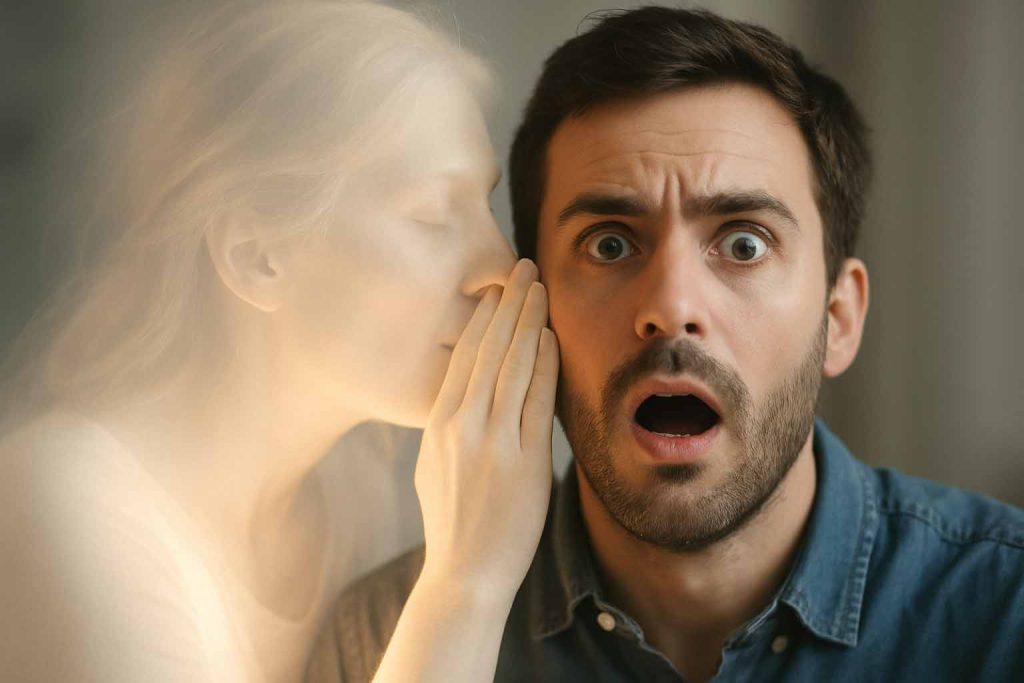 A man looks surprised as a transparent, angelic figure leans in to whisper into his ear, symbolizing spontaneous psychic messages and intuitive downloads arriving unexpectedly.
