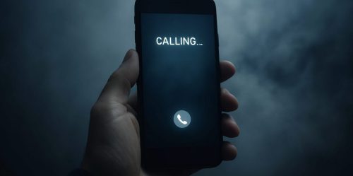 Photorealistic image of a smartphone held in a hand with a misty, ghostlike background, symbolizing calls from the afterlife and spiritual communication through technology.