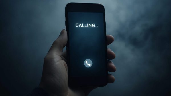 Photorealistic image of a smartphone held in a hand with a misty, ghostlike background, symbolizing calls from the afterlife and spiritual communication through technology.