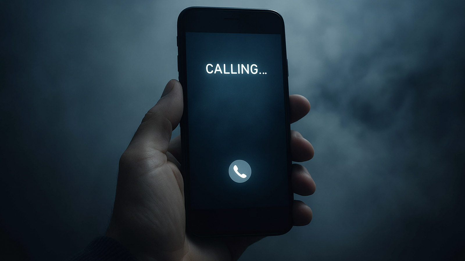 Photorealistic image of a smartphone held in a hand with a misty, ghostlike background, symbolizing calls from the afterlife and spiritual communication through technology.